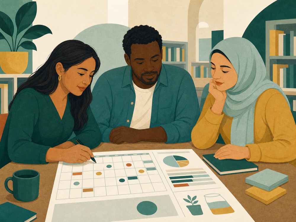 Three adult learners working together on a financial plan in a welcoming community library